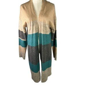 Mystree Women Small Striped Cardigan Duster Sweater Open Front Tan Teal Gray New